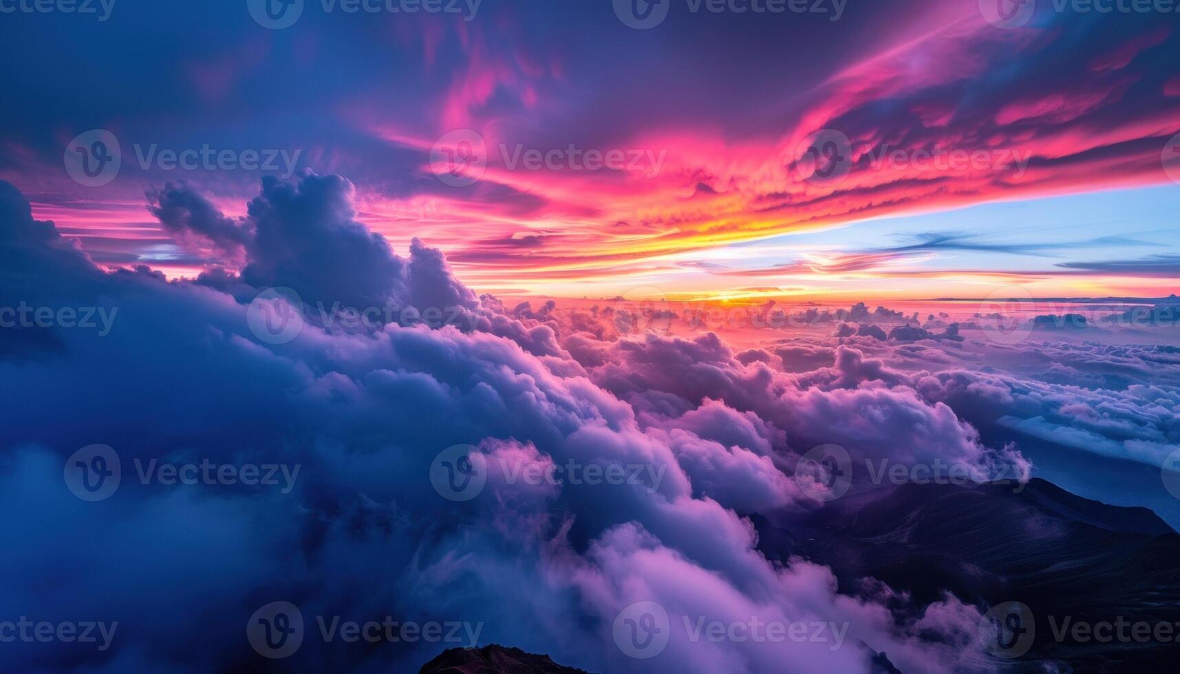 ai generado asombroso montaña puesta de sol encima el nubes foto