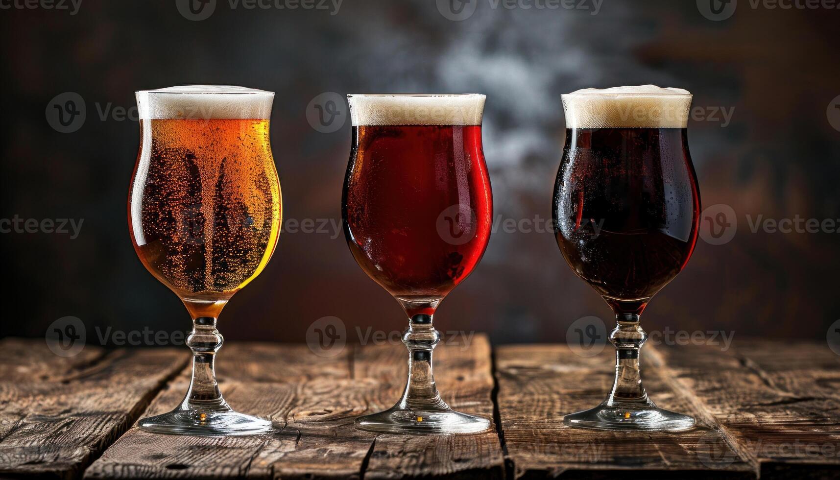 AI generated Assorted craft beers in glasses on wooden surface photo
