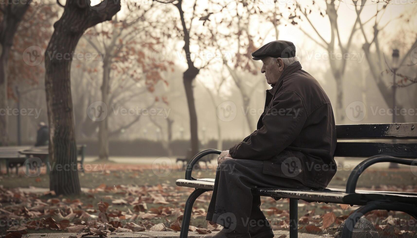 AI generated Solitude of an elder man on a park bench photo