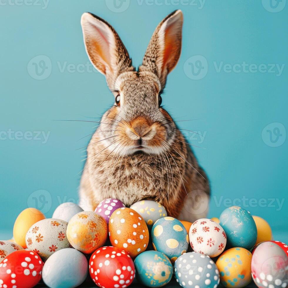 ai generado Pascua de Resurrección conejito con vistoso huevos en azul antecedentes foto