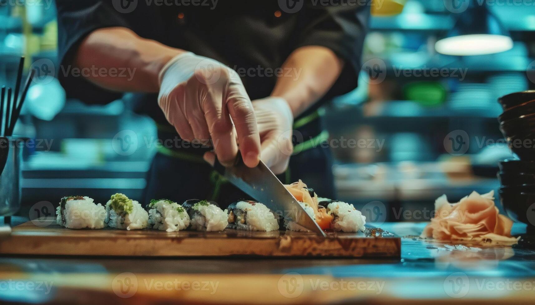 AI generated Professional chef preparing sushi roll in restaurant kitchen photo