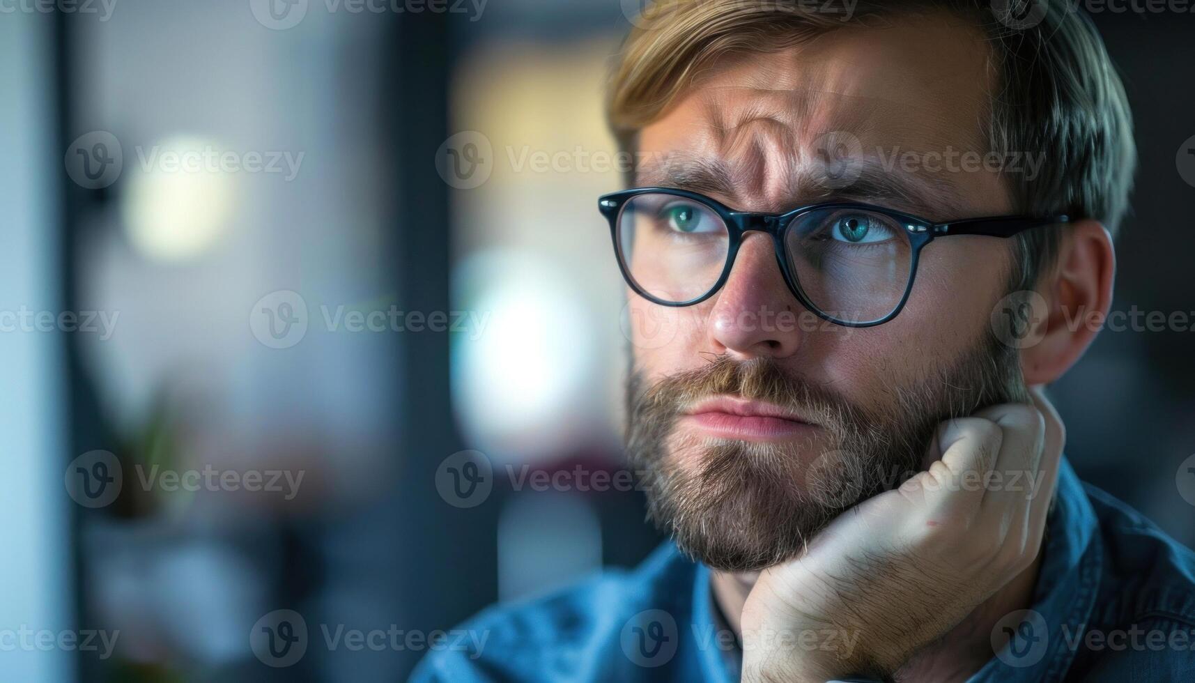 ai generado pensativo hombre con lentes mirando lejos en contemplación foto