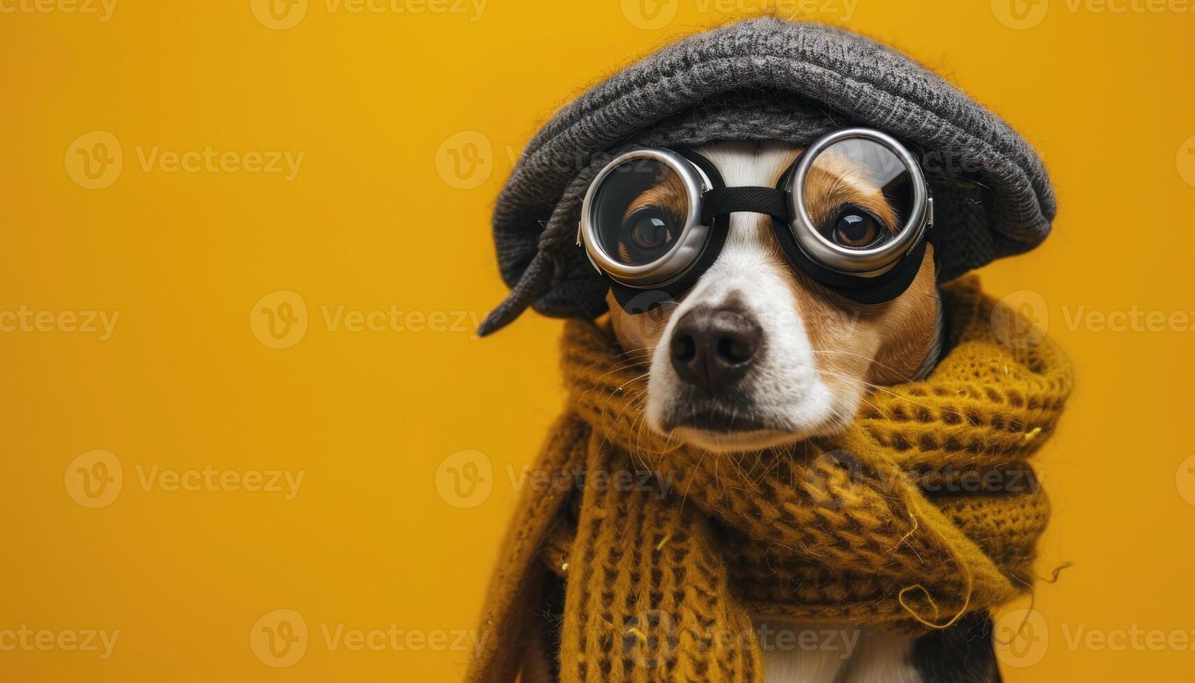 AI generated Fashionable dog in beret and scarf photo