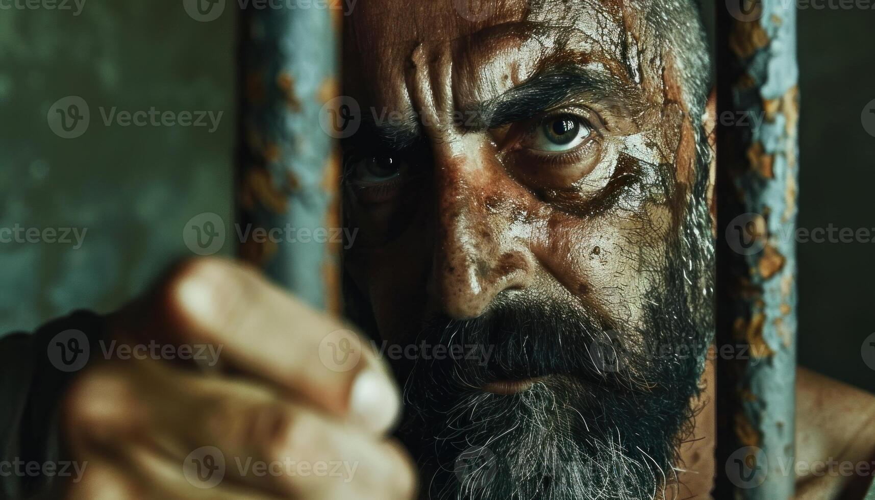 AI generated Intense gaze of a man behind bars photo
