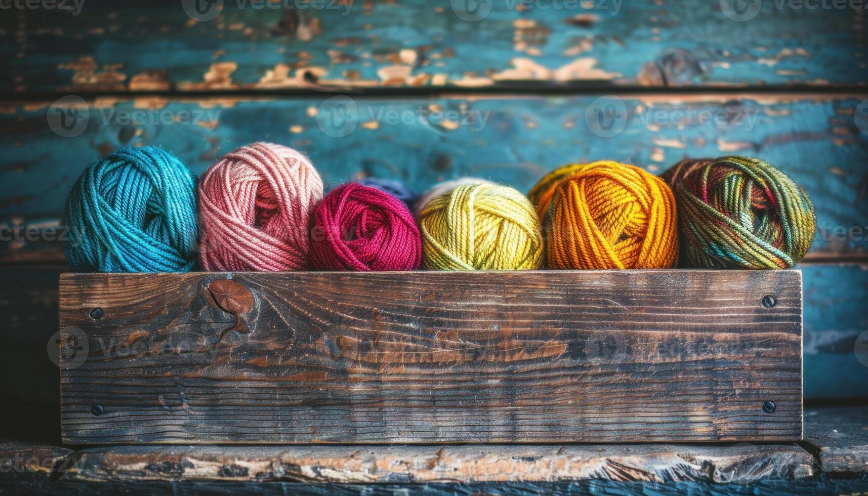 AI generated Colorful yarn balls on rustic wooden shelf photo