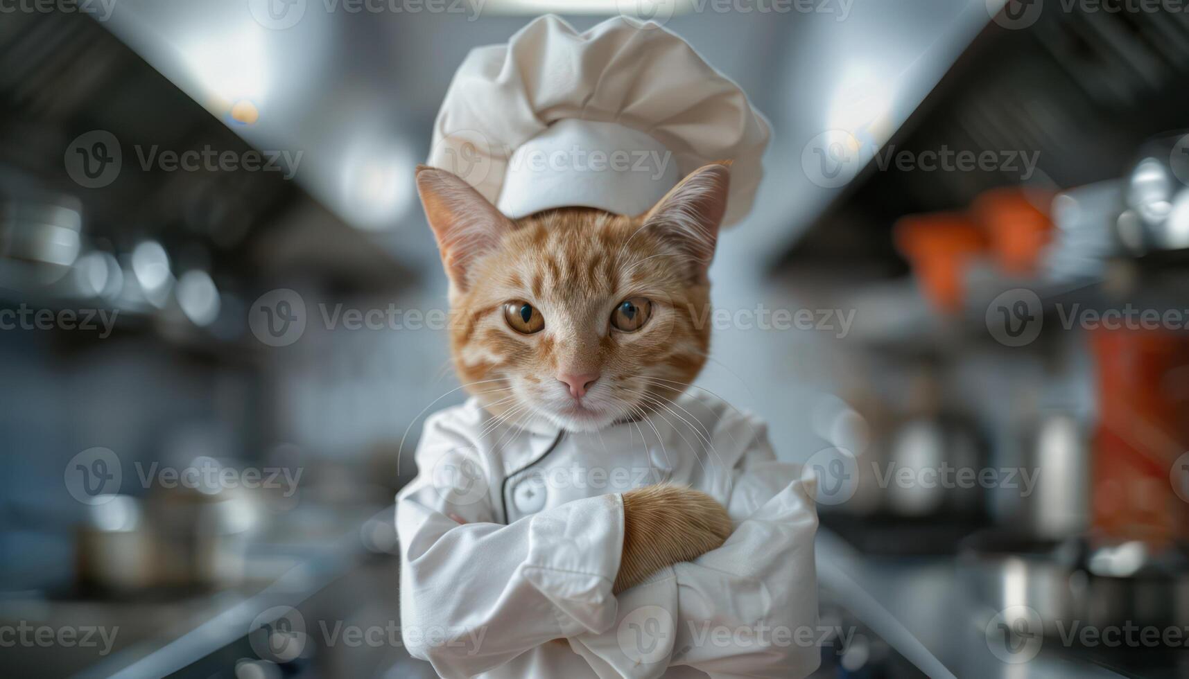 AI generated Chef cat in professional kitchen photo