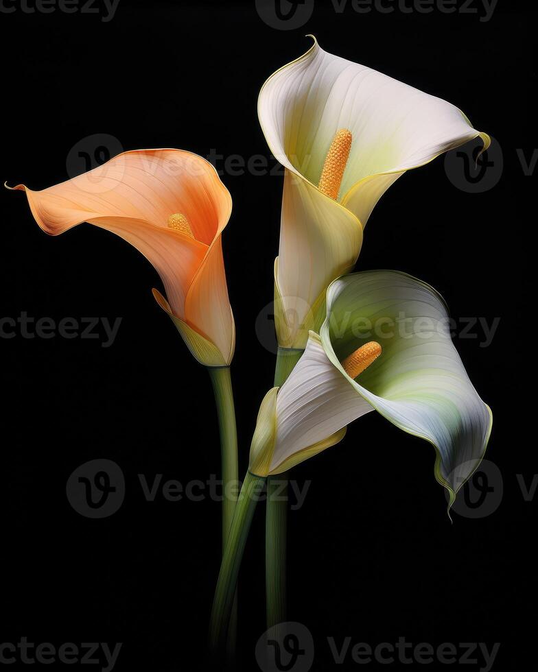 AI generated Bouquet of Calla lily over black background photo