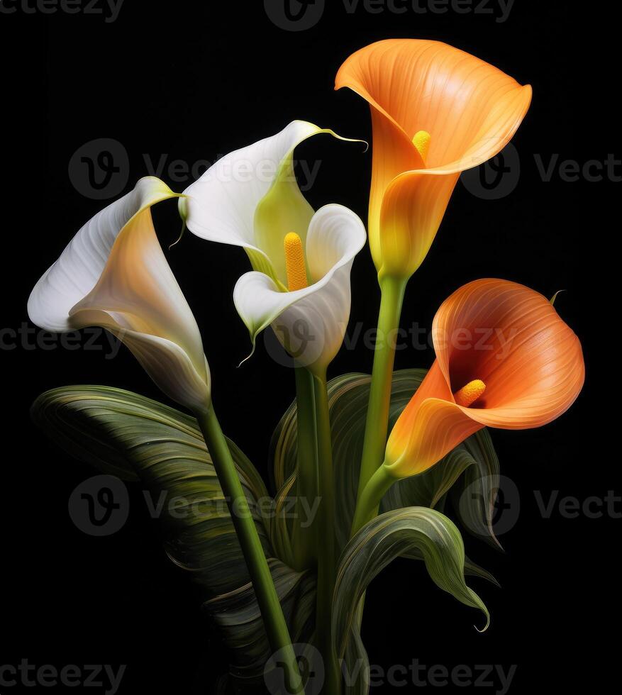 AI generated Bouquet of Calla lily over black background photo