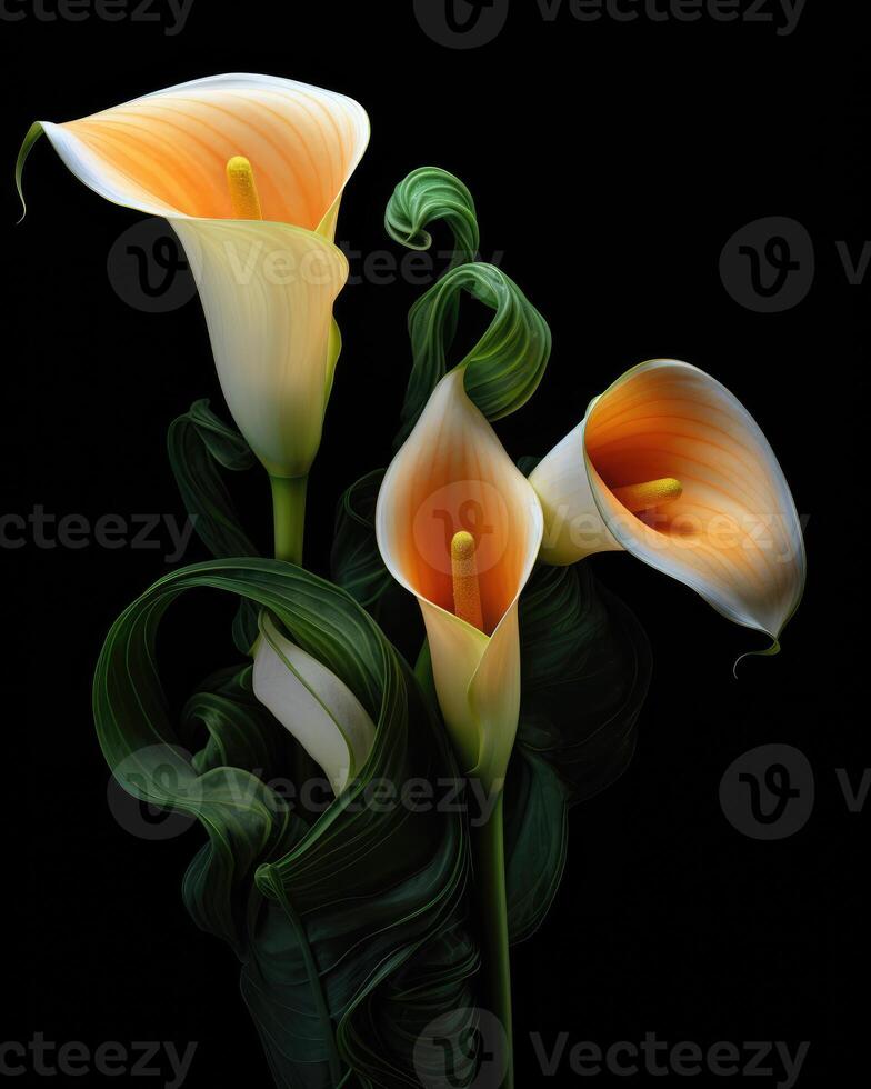 AI generated Bouquet of Calla lily over black background photo