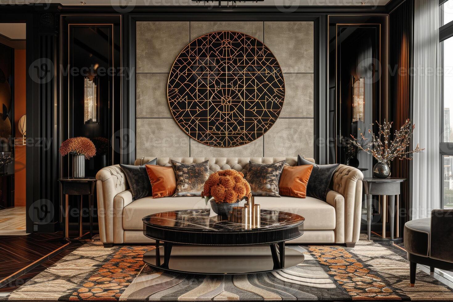 ai generado Arte inspirado en la decoración vivo habitación presentando un felpa sofá tapizado en lujoso terciopelo foto