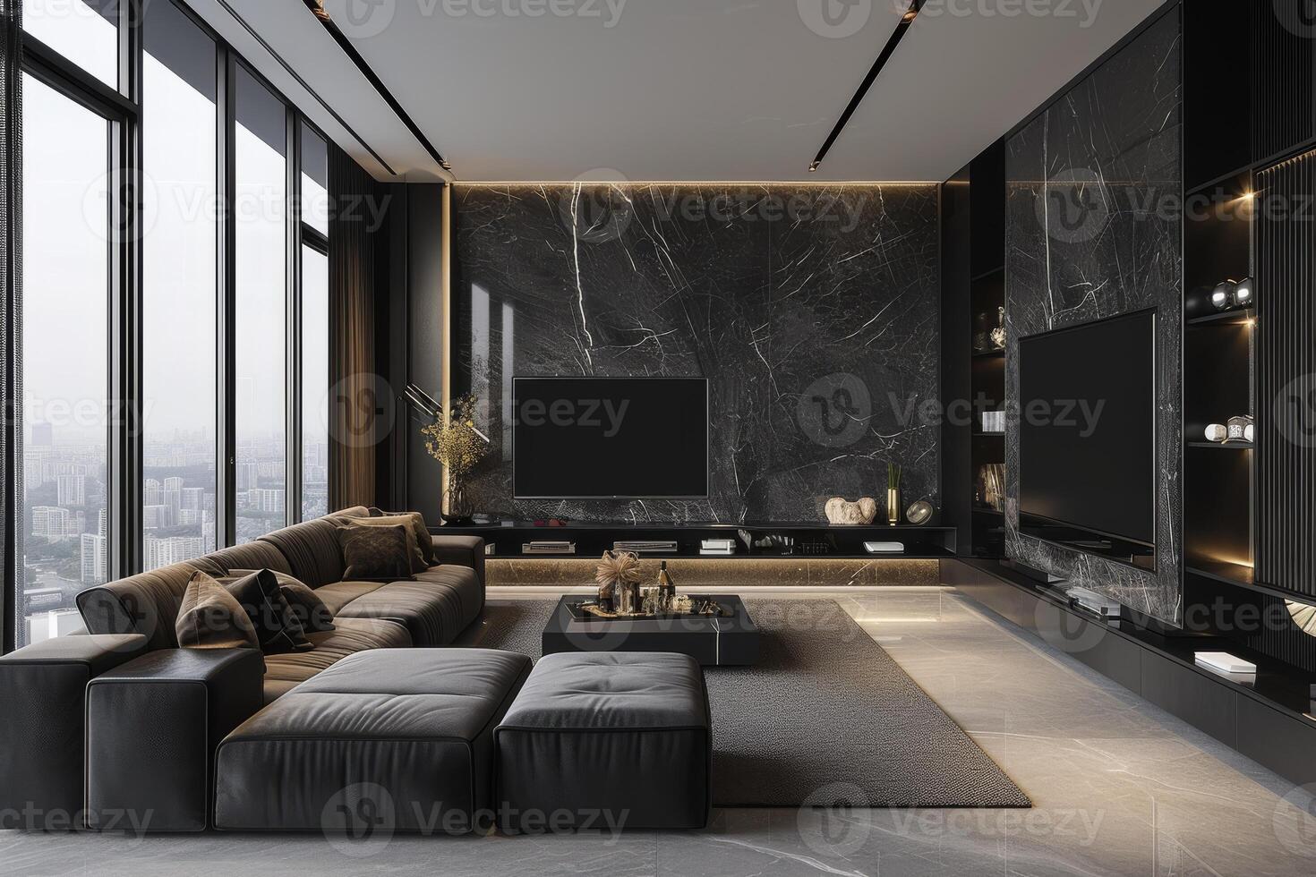 AI generated A luxurious living room adorned with refined black color schemes photo