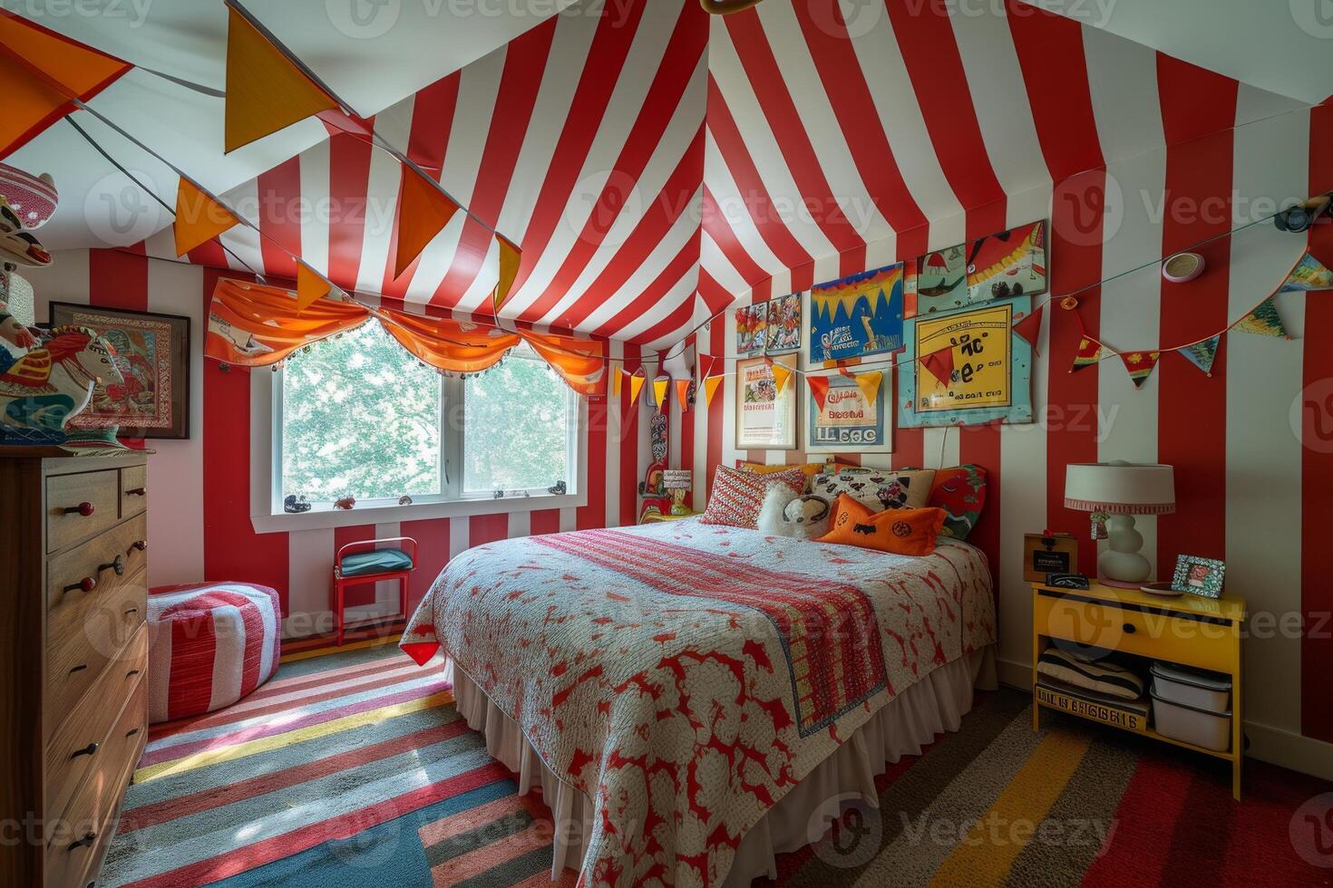 AI generated A circus-themed kids' bedroom with walls painted in bold stripes of red and white photo