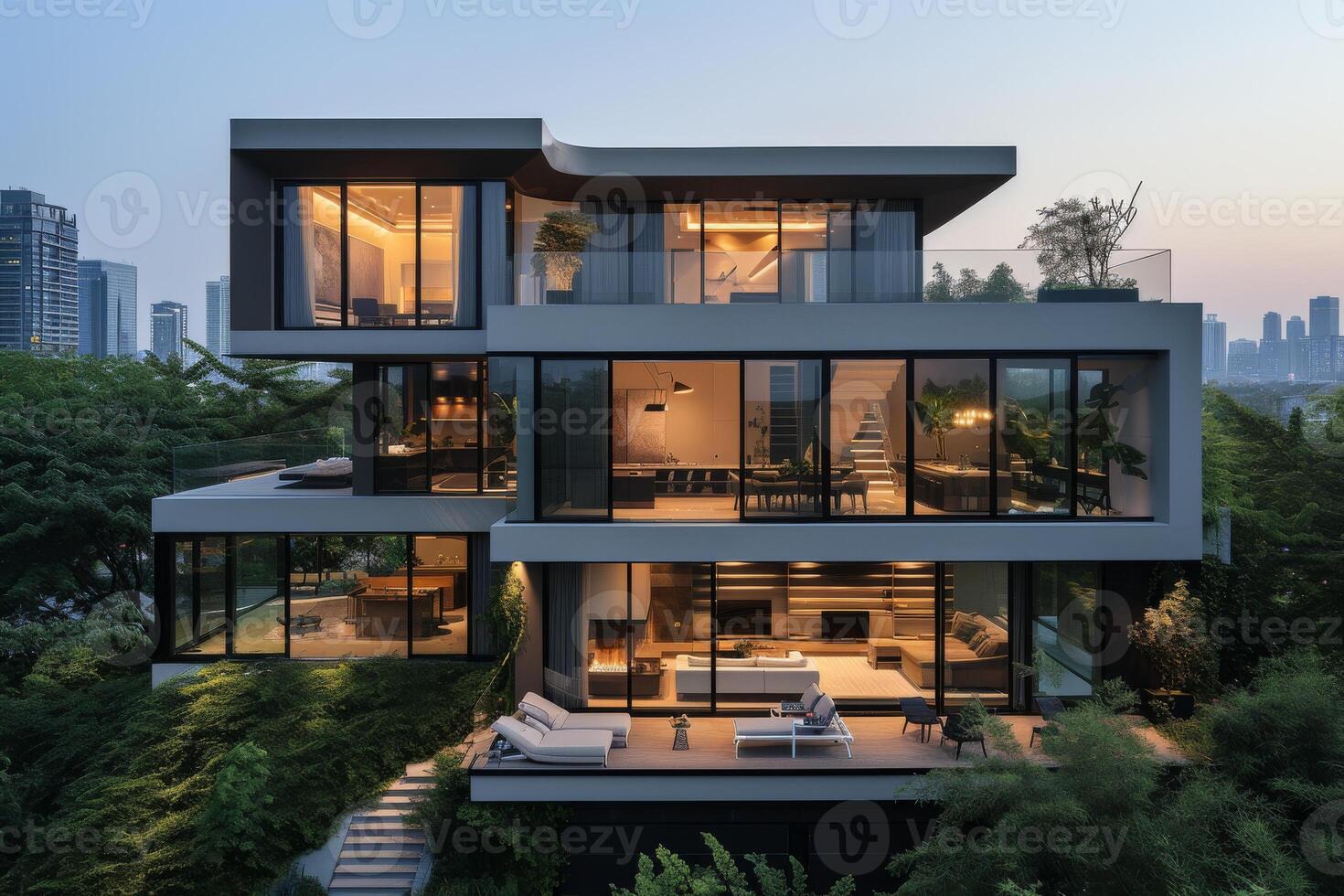 AI generated A modern house nestled amidst the bustling cityscape photo