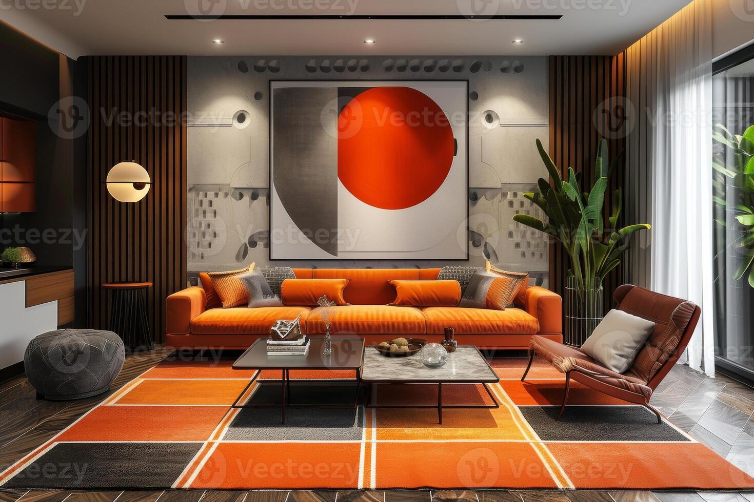 AI generated A mid-century modern-style living room, showcasing iconic furniture pieces photo