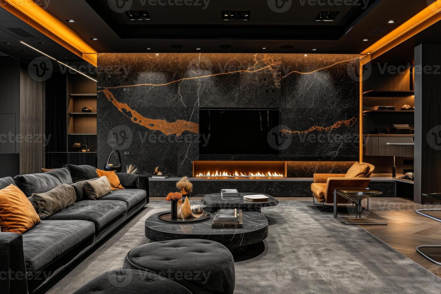 AI generated A luxurious living room adorned with sleek black color schemes photo