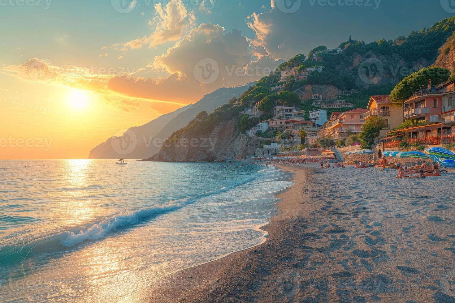 ai generado un animado playa pueblo anidado a lo largo un bañado por el sol orilla foto