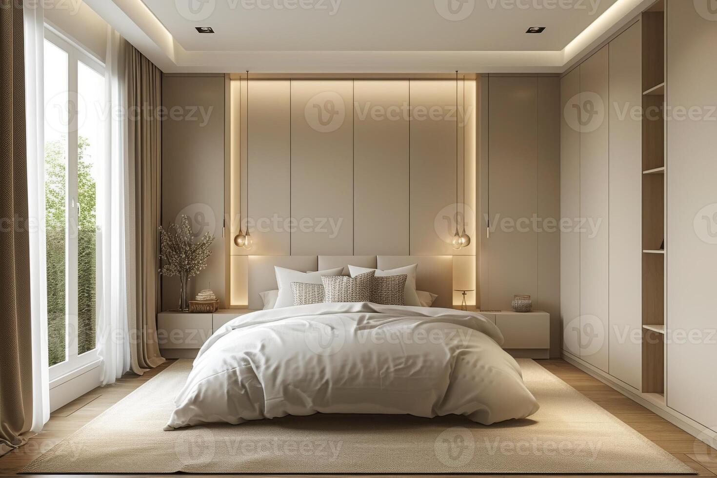 AI generated A minimalist bedroom with a monochromatic color scheme photo