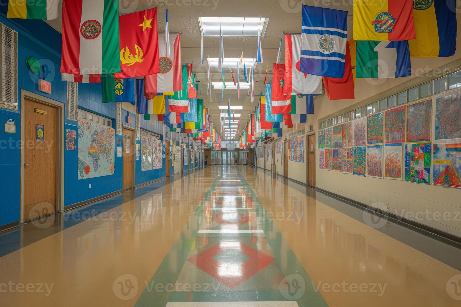 AI generated A school hallway transformed into a gallery of cultural diversity and inclusivity photo