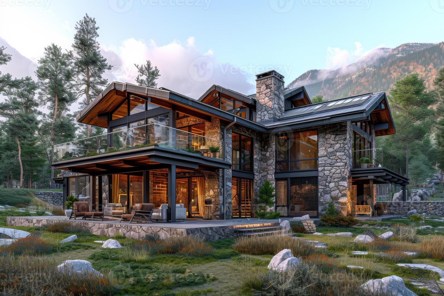 AI generated A sustainable mountain home exterior photo