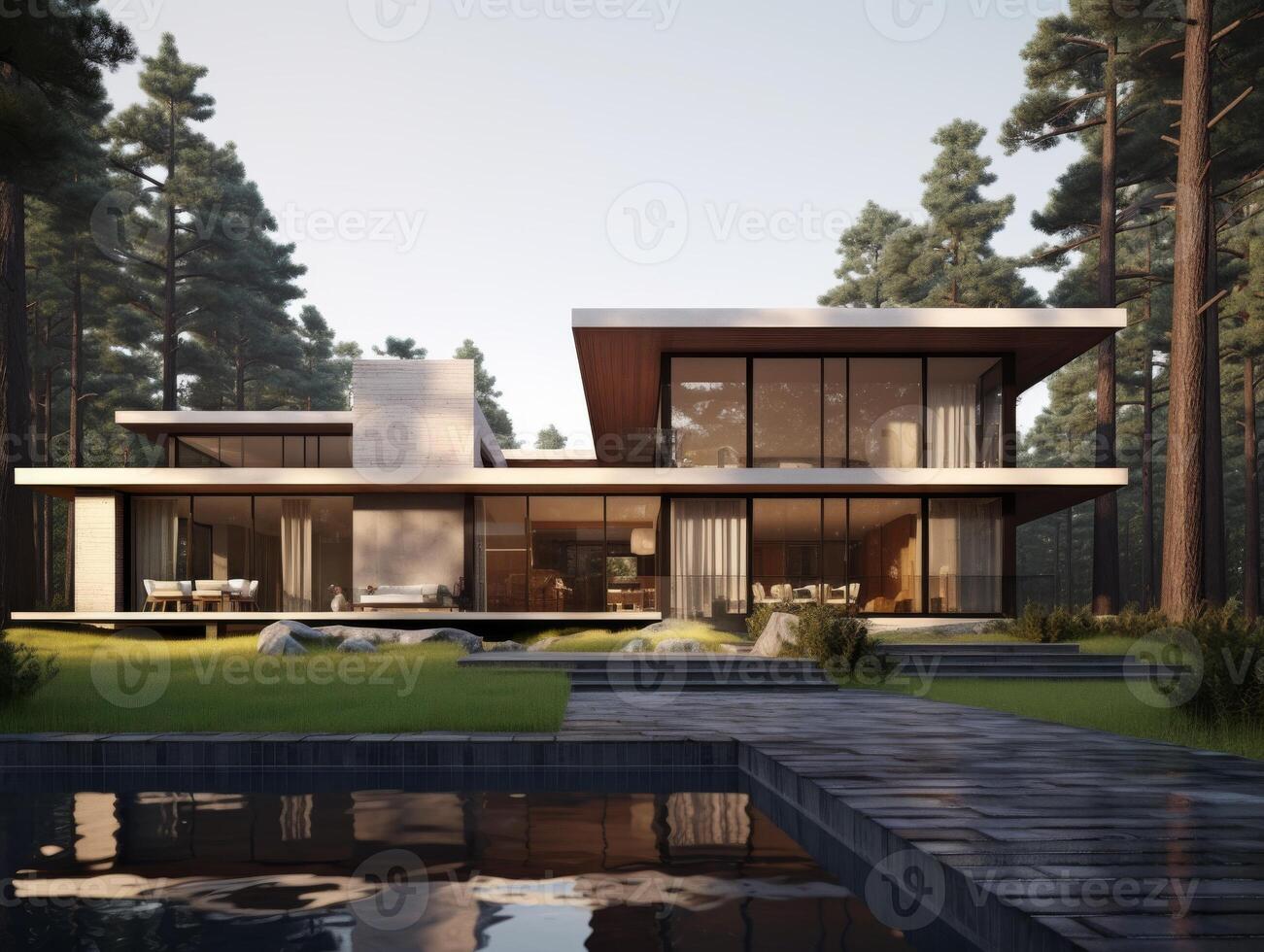 AI generated A minimalist modern house nestled within a serene landscape photo