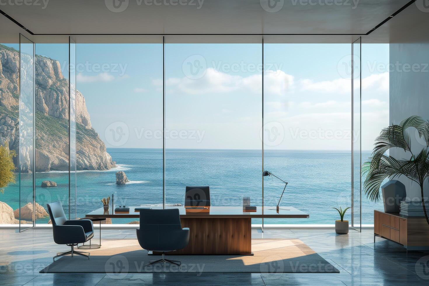 AI generated An office scene where sleek glass windows frame a panoramic seaside view photo