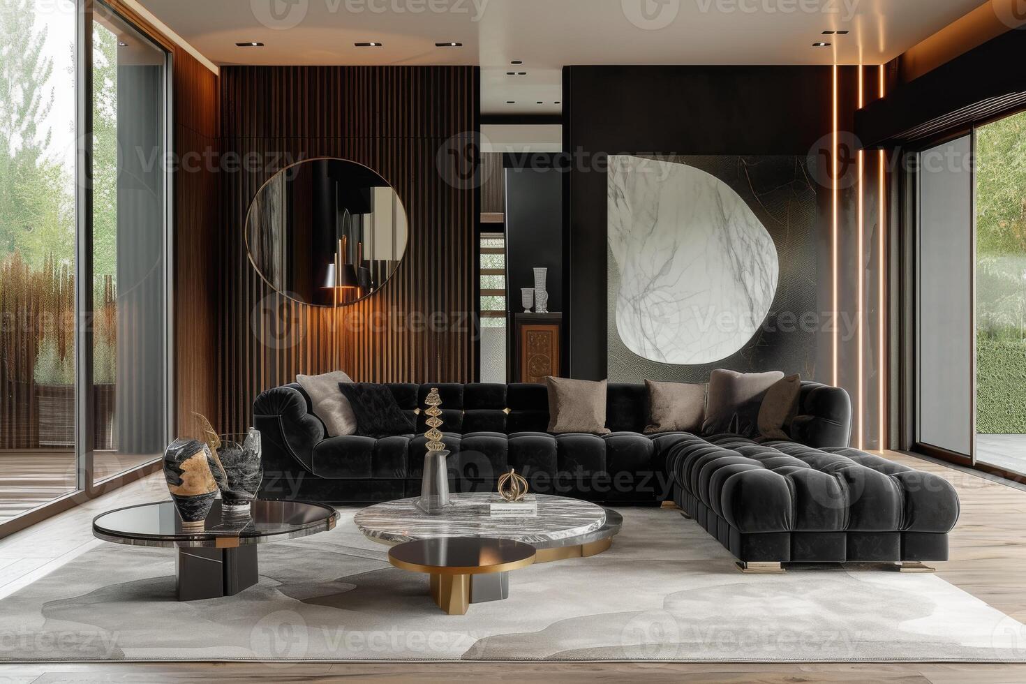 AI generated A lavish Art Deco living room design featuring a monochromatic color scheme photo