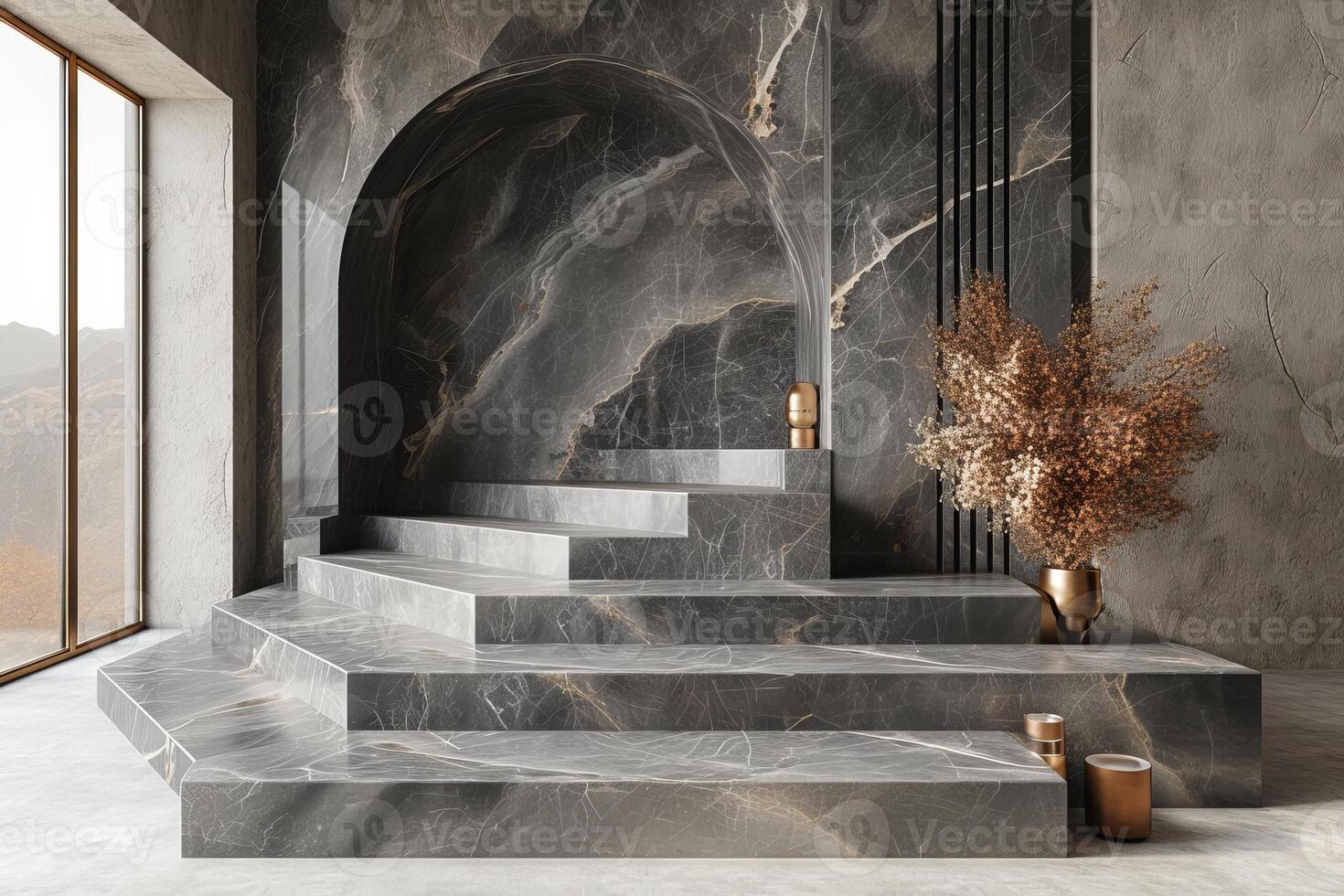 AI generated A minimalist podium adorned with elegant marble textures photo