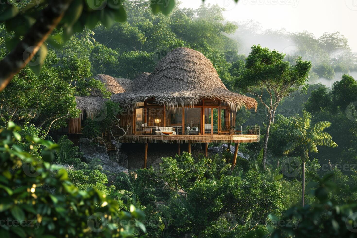 AI generated An eco-conscious eco-tourism lodge situated in a pristine natural environment photo