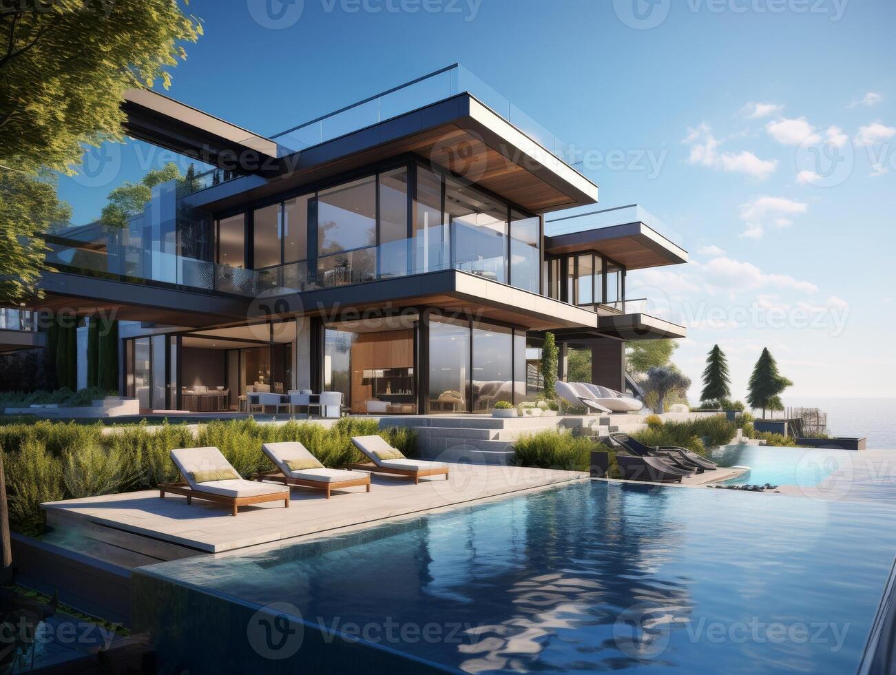 AI generated A modern waterfront residence, with the house situated along the banks of a bustling river photo