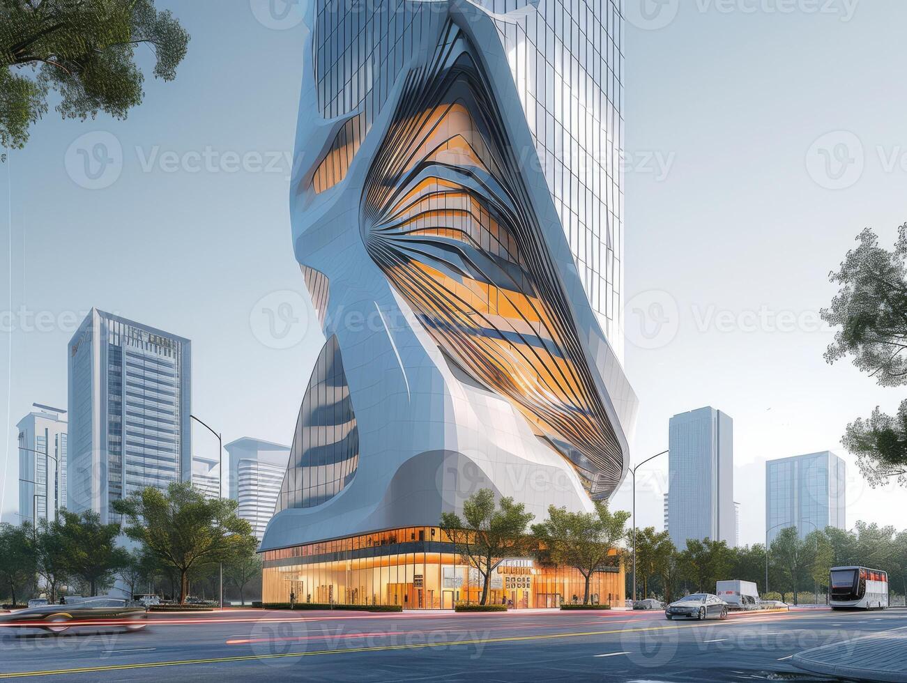 AI generated A contemporary office tower with an innovative facade design, featuring geometric patterns, kinetic elements photo