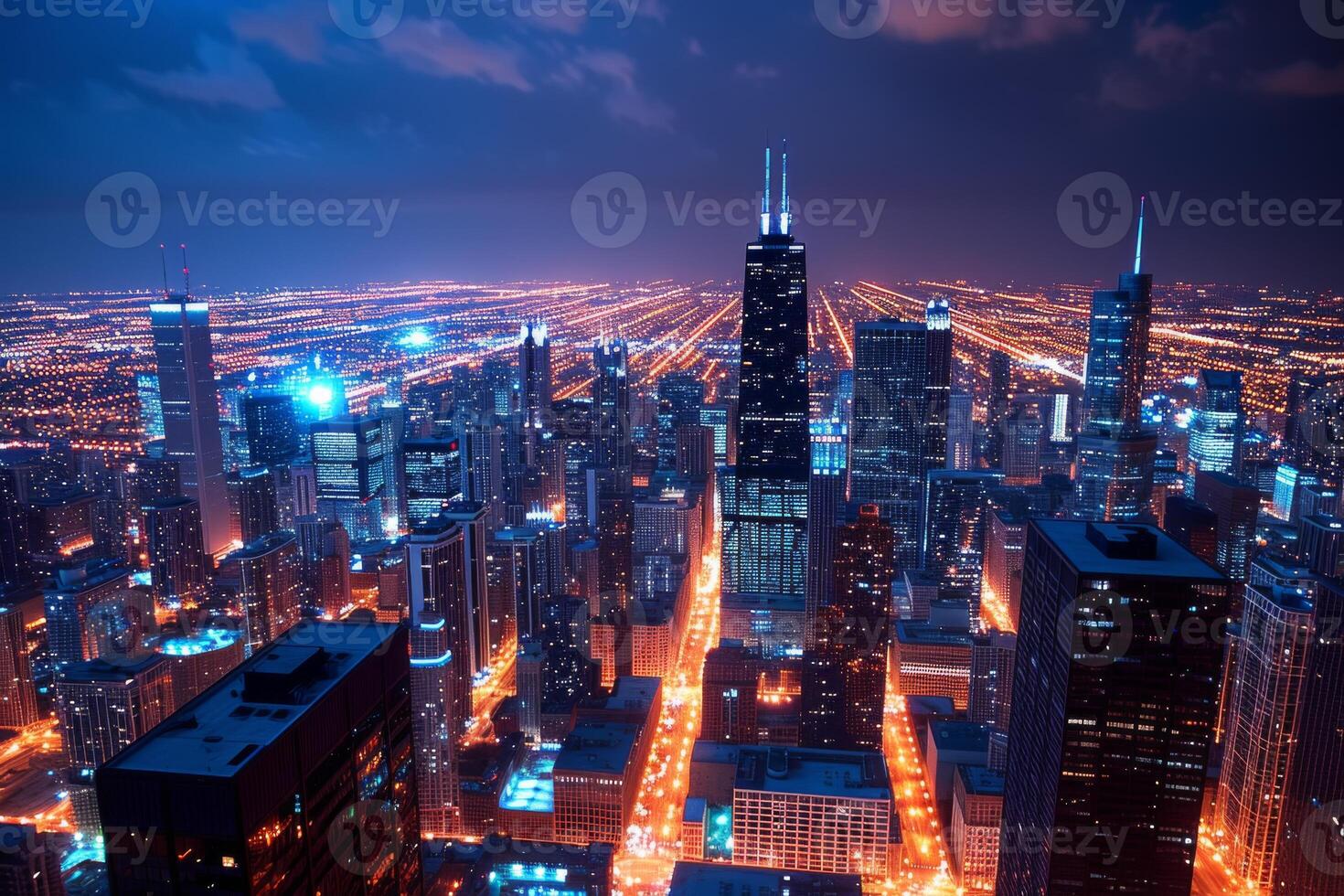 AI generated The Chicago city skyline at night photo