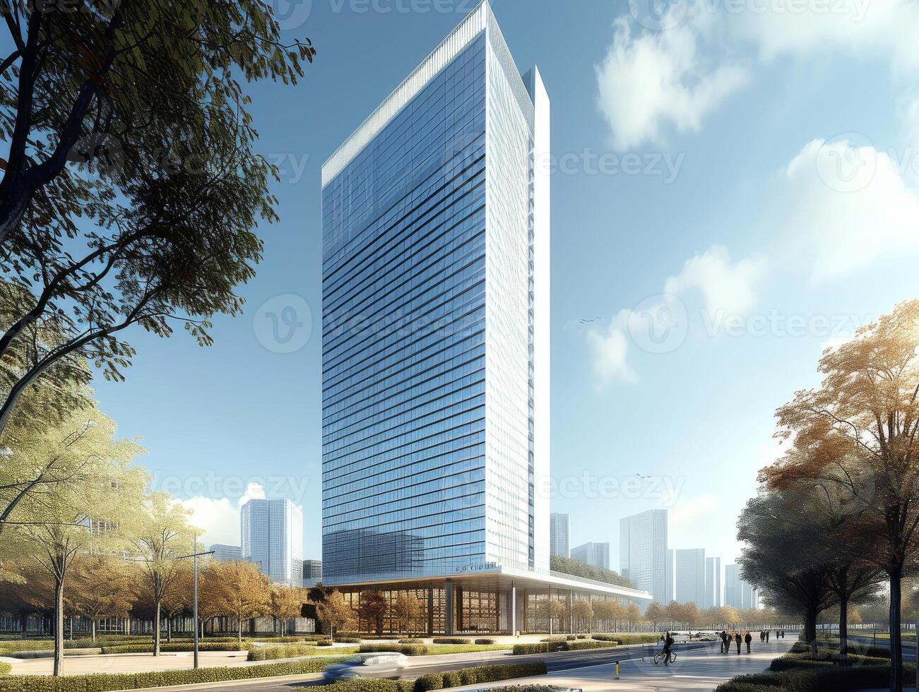 AI generated An office tower serving as a global business center, with premium office suites photo
