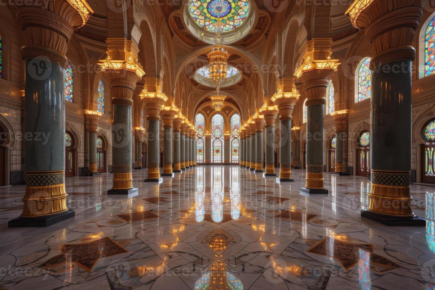 A large interior mosque, empty praying room photo