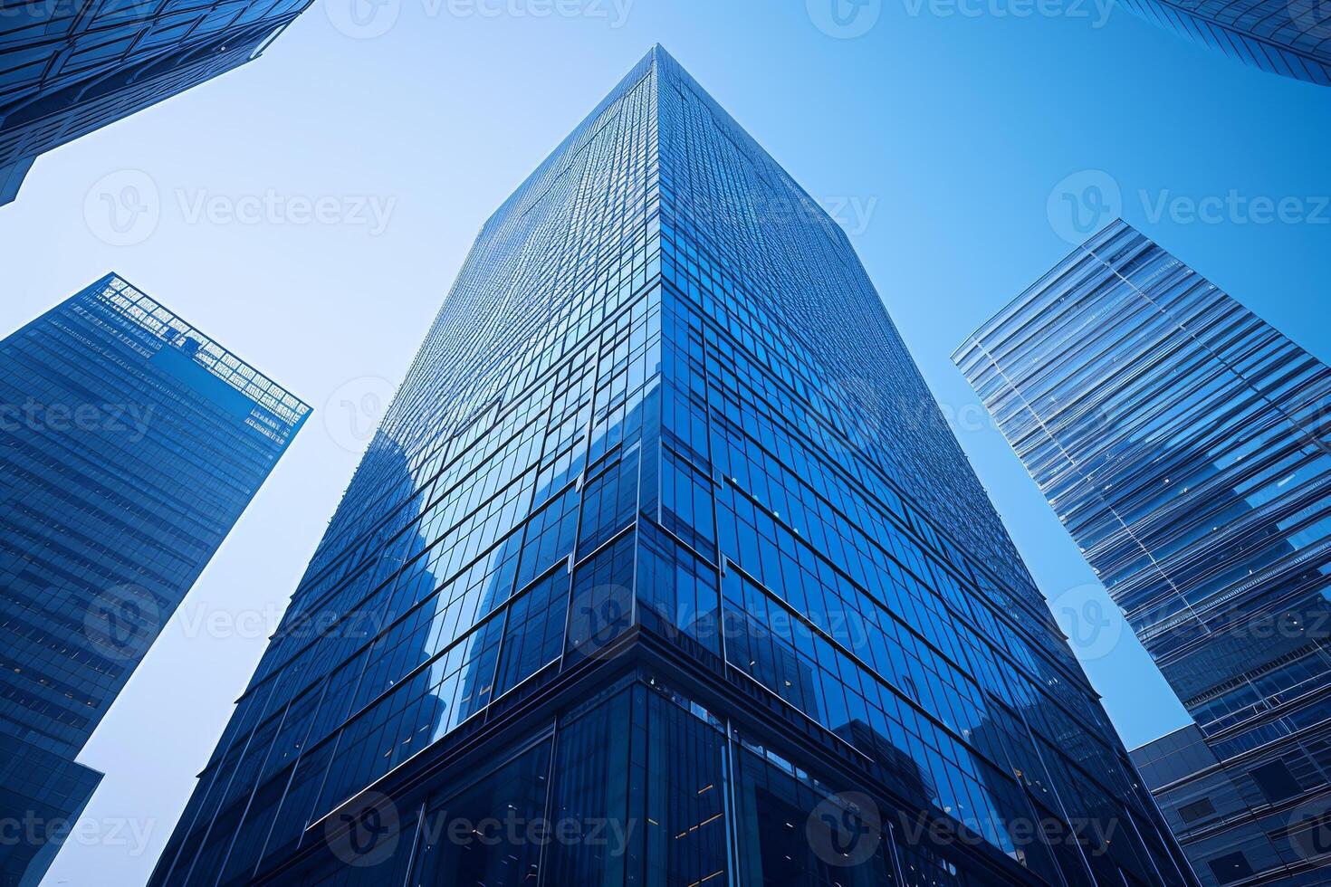 ai generado el azul vaso oficina torre sube esmeradamente encima el rodeando edificios foto