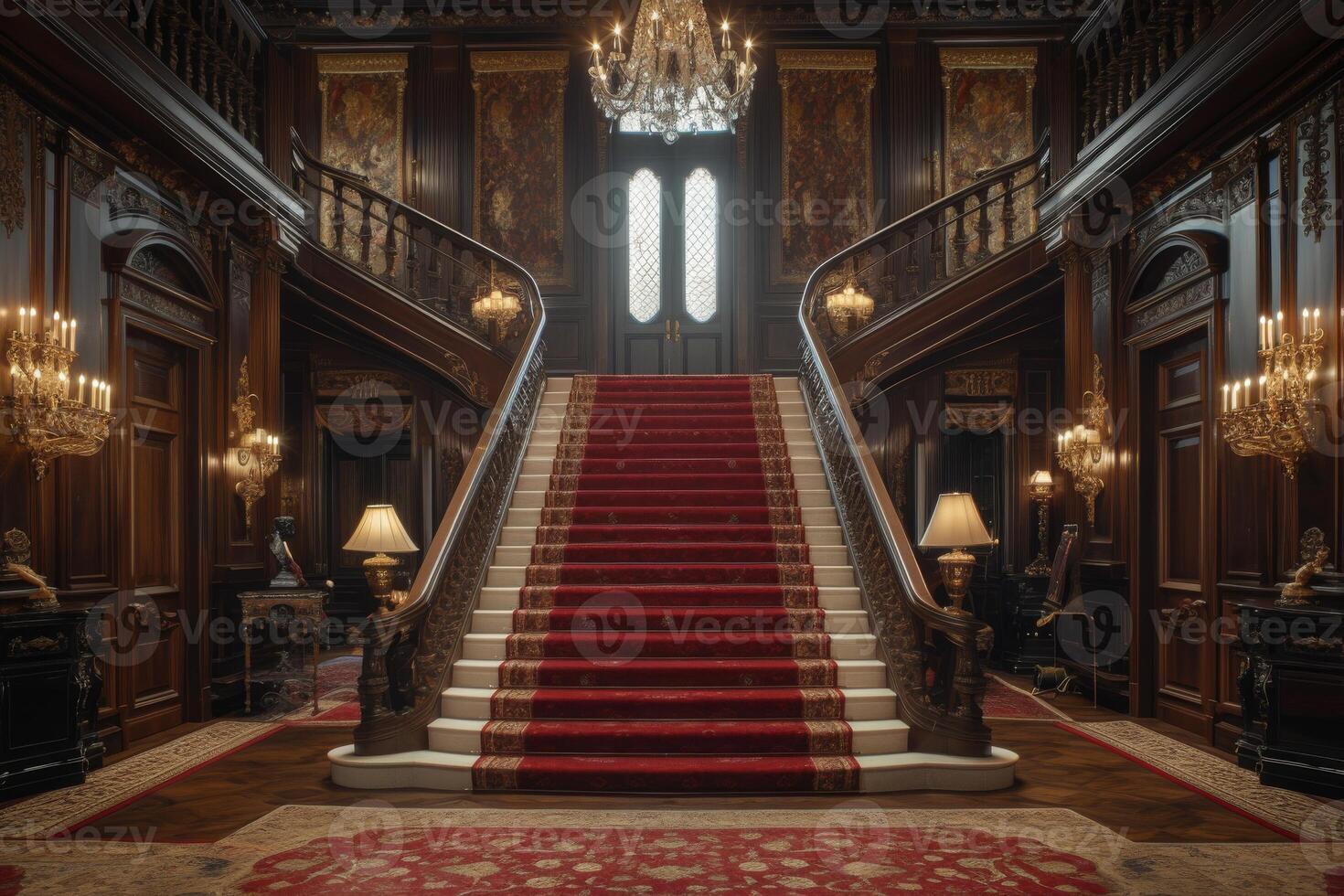 AI generated A classic manor interior with a grand staircase wrapped in sumptuous velvet photo