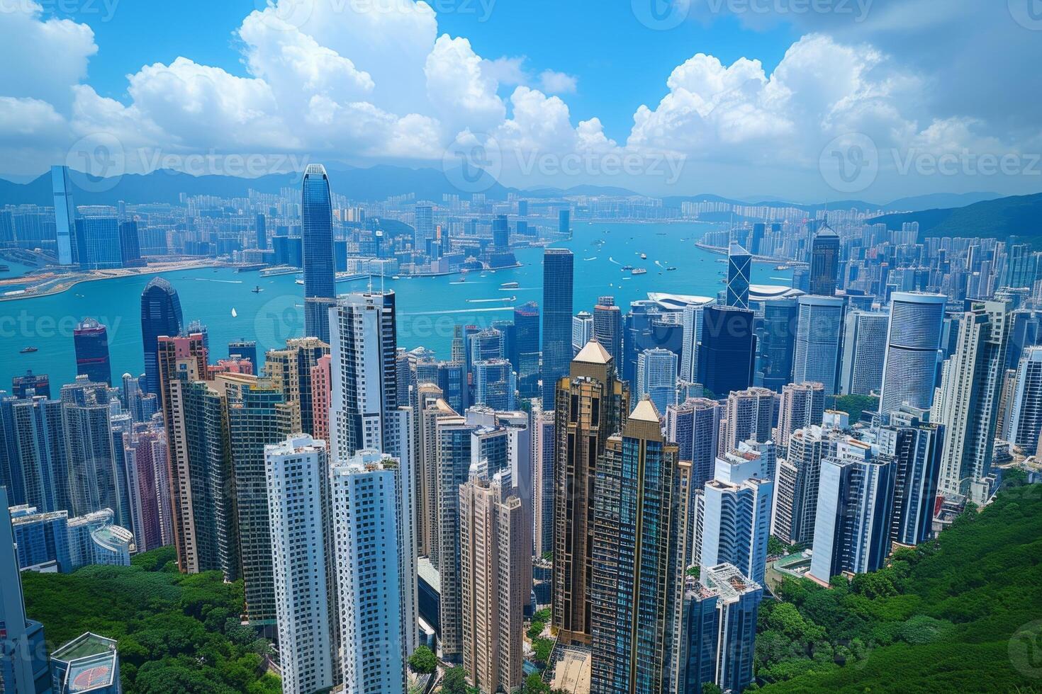 AI generated City skyline of Hong Kong from the observation deck of Sky100 photo