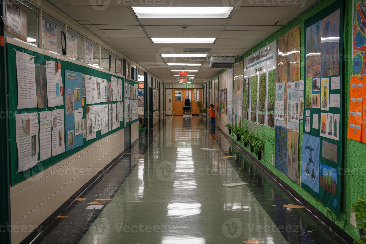 AI generated A school corridor during a sustainability fair photo