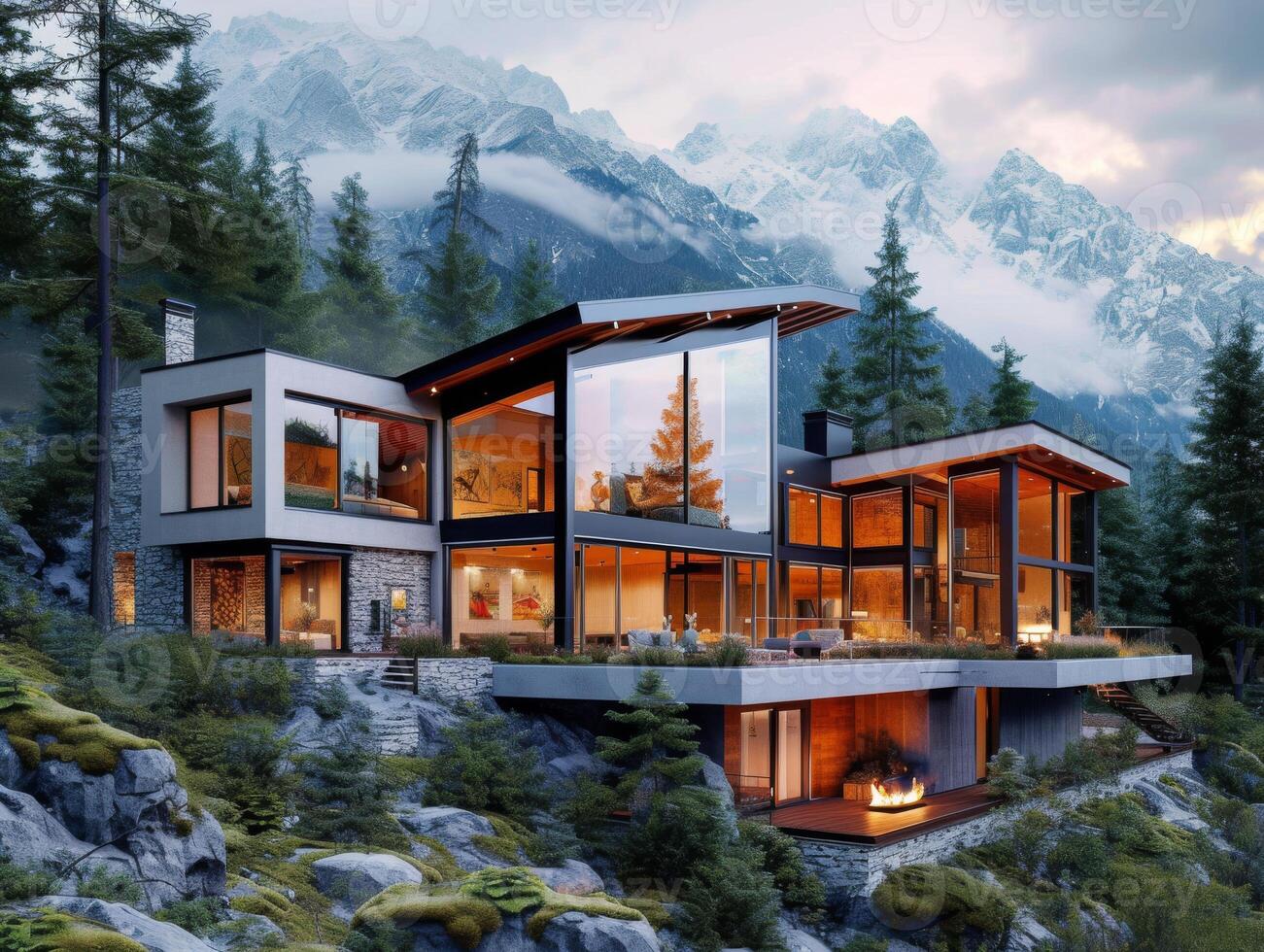 AI generated A modern house nestled in the mountains photo