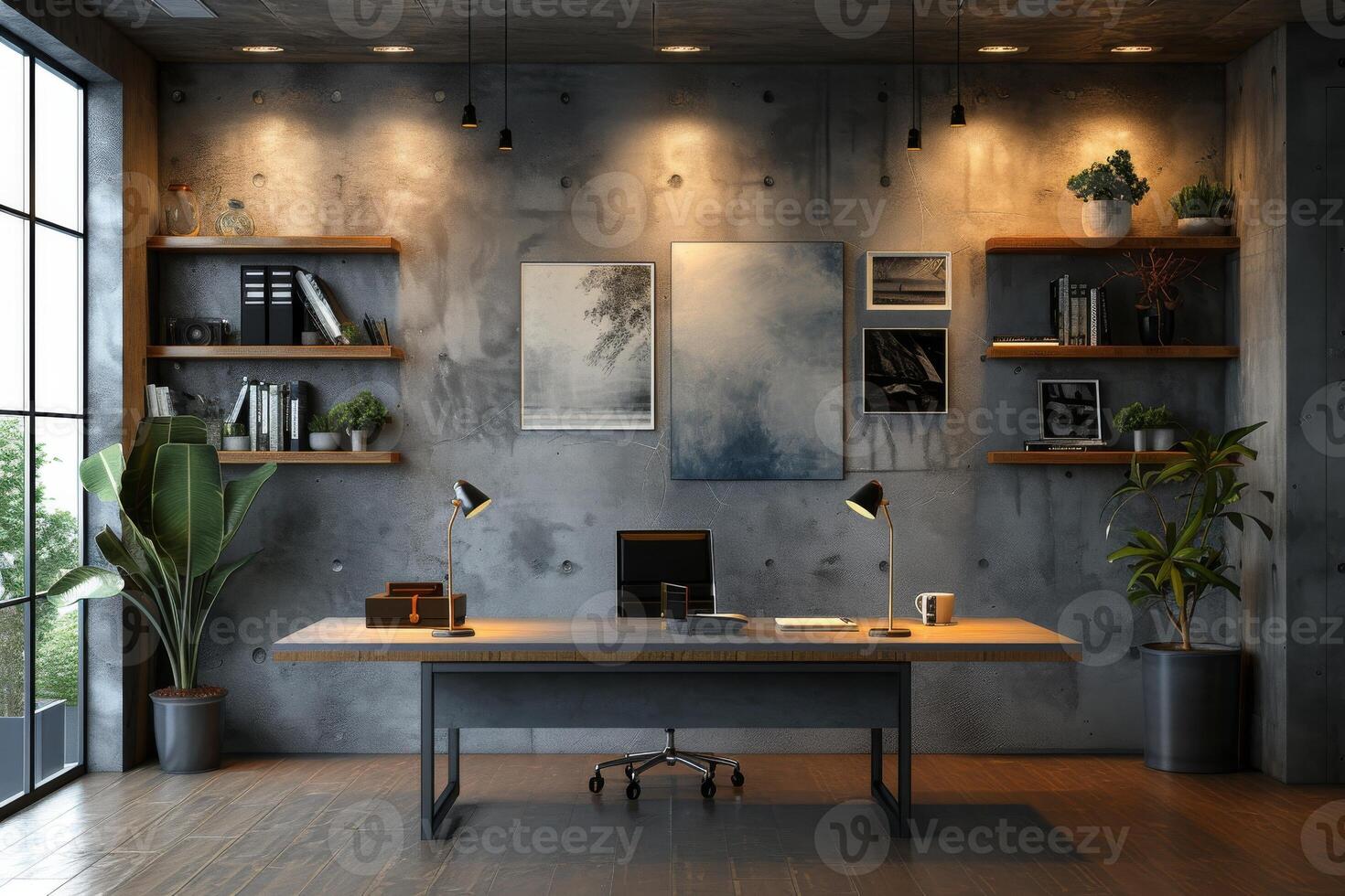 AI generated A minimalist modern office with a floating desk mounted on a concrete feature wall photo