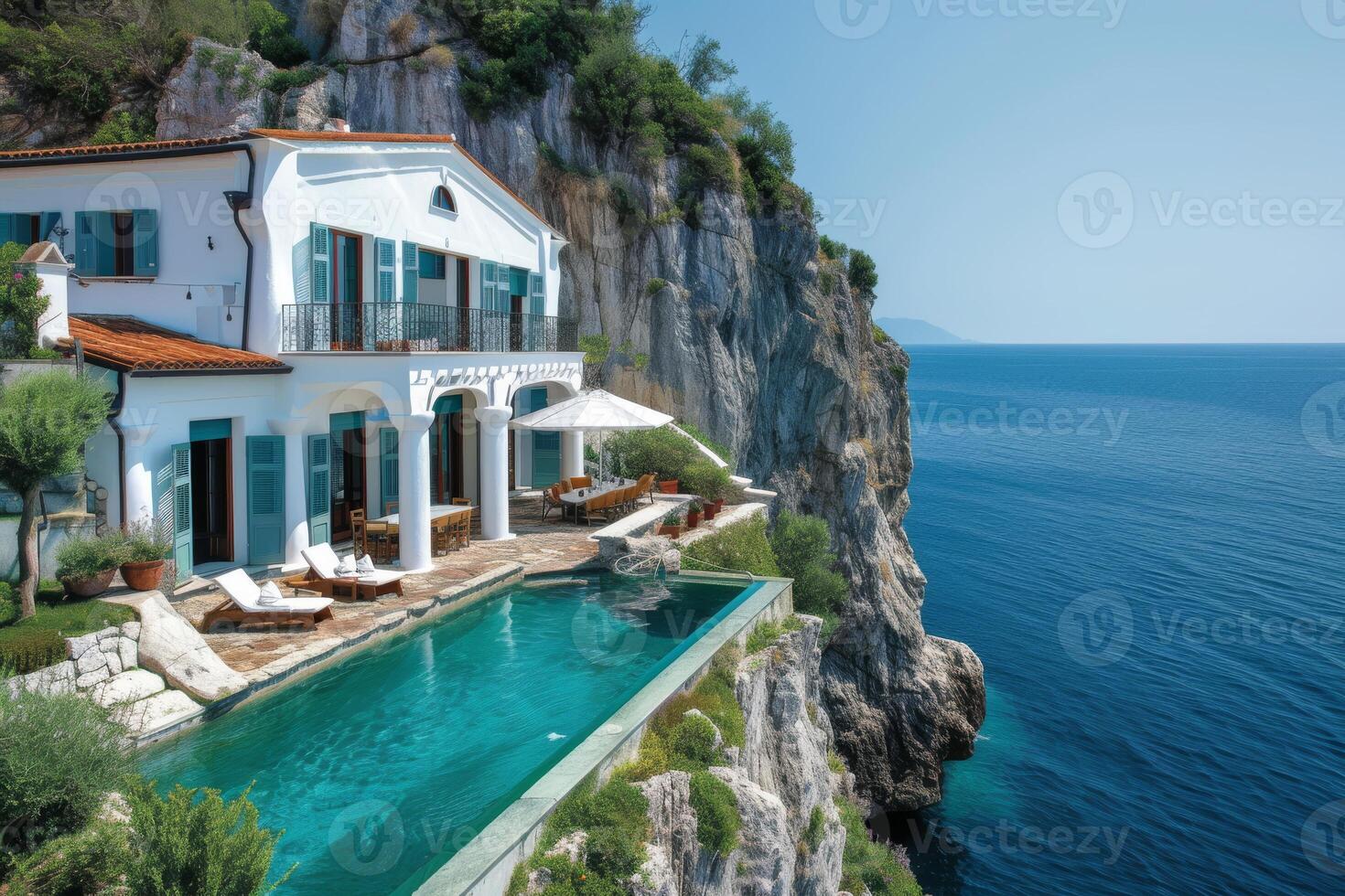 AI generated A Mediterranean-style seaside villa nestled within a hillside vineyard photo