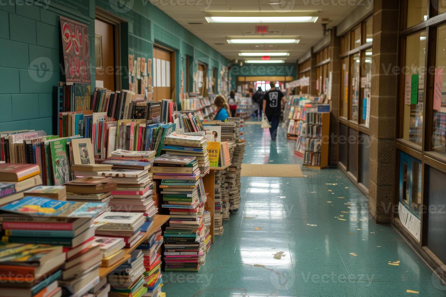 AI generated A school hallway transformed into a literary showcase during a book fair photo