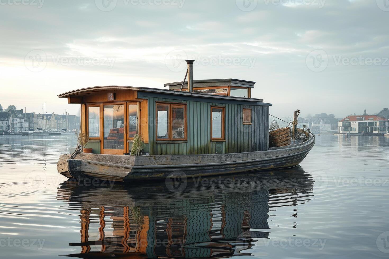 AI generated A seaside houseboat moored along a tranquil bay photo