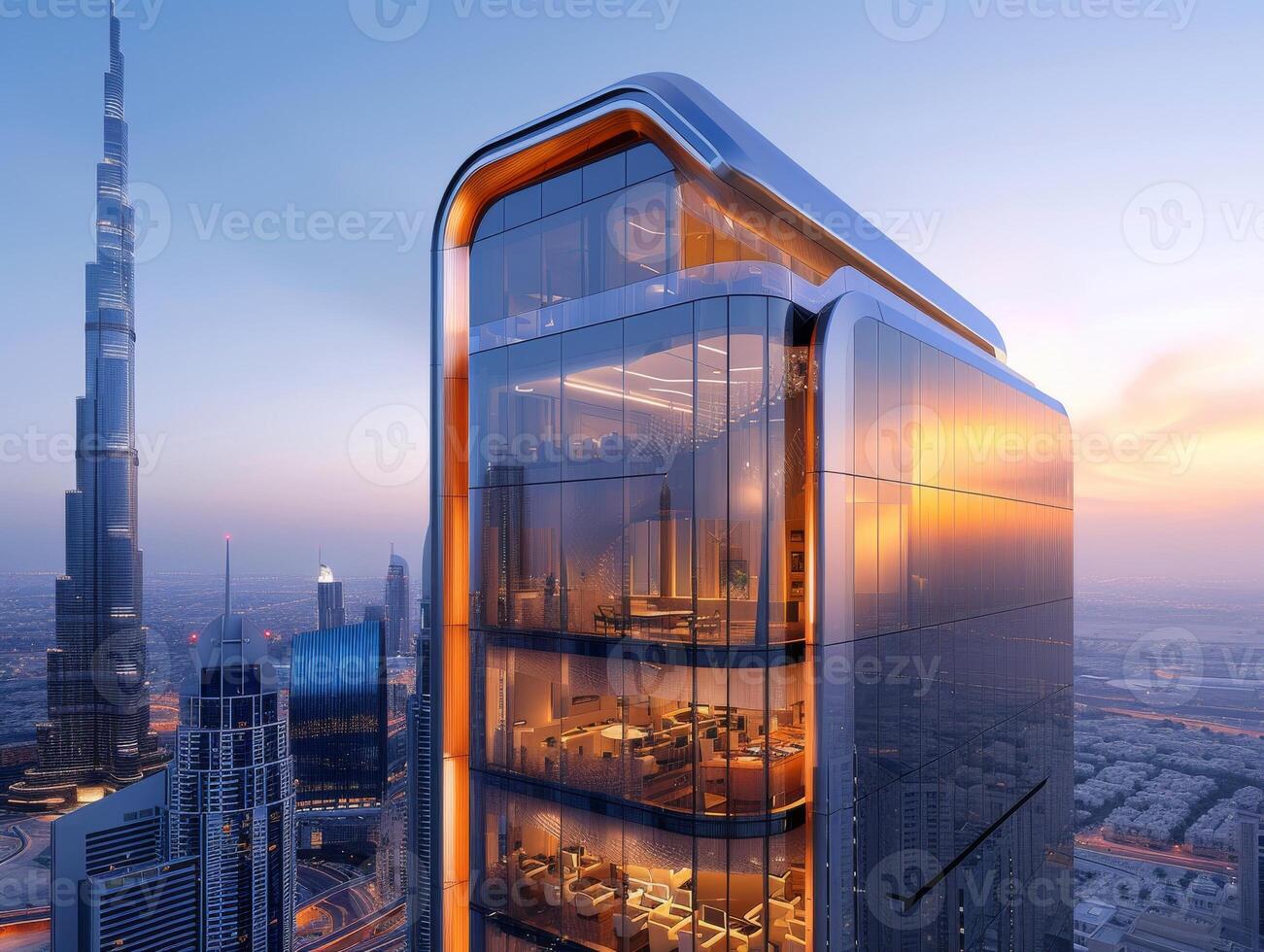 AI generated A modern office building soaring above the city skyline photo