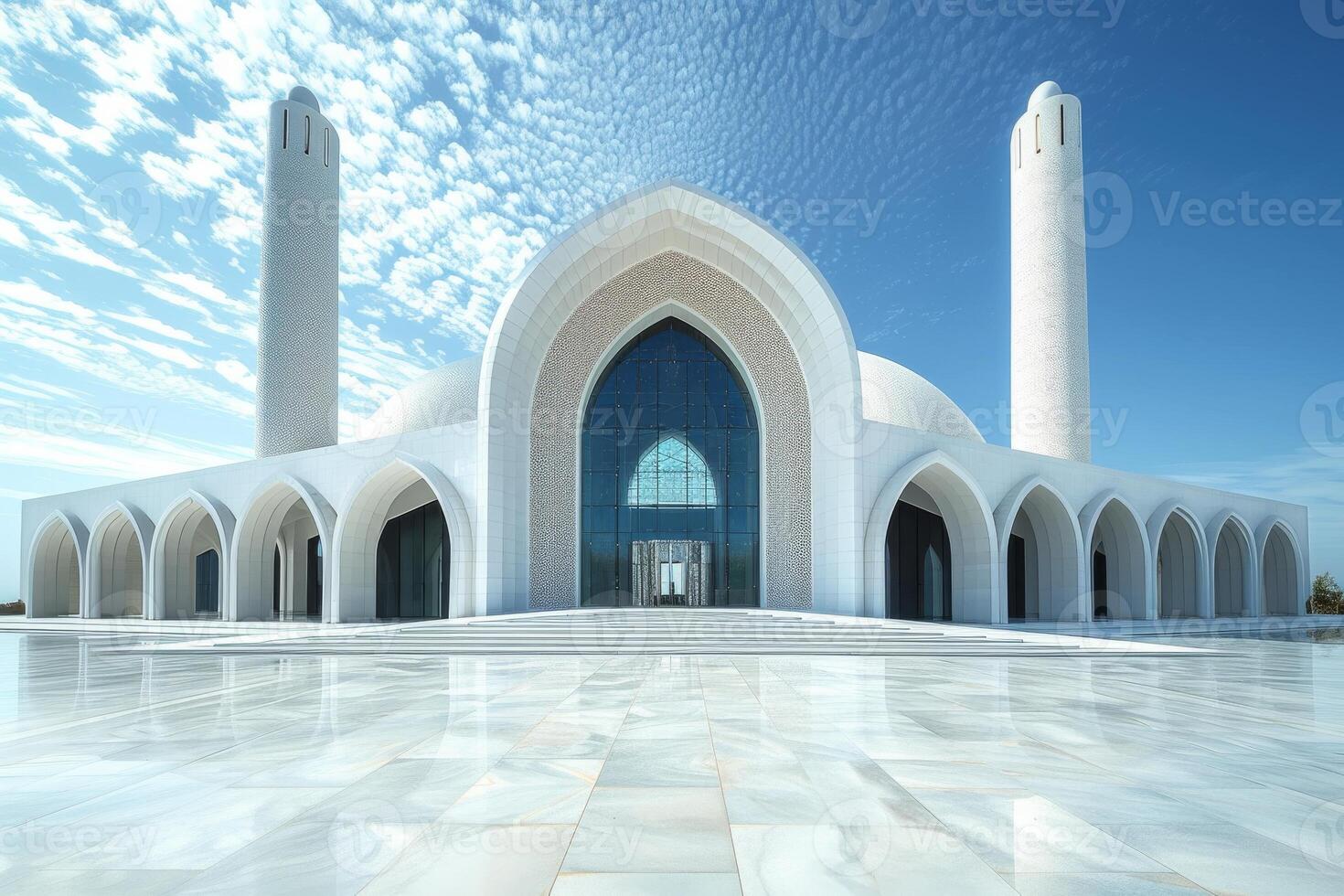 un moderno mezquita conjunto en contra un fondo de un claro azul cielo y bañado en luz foto