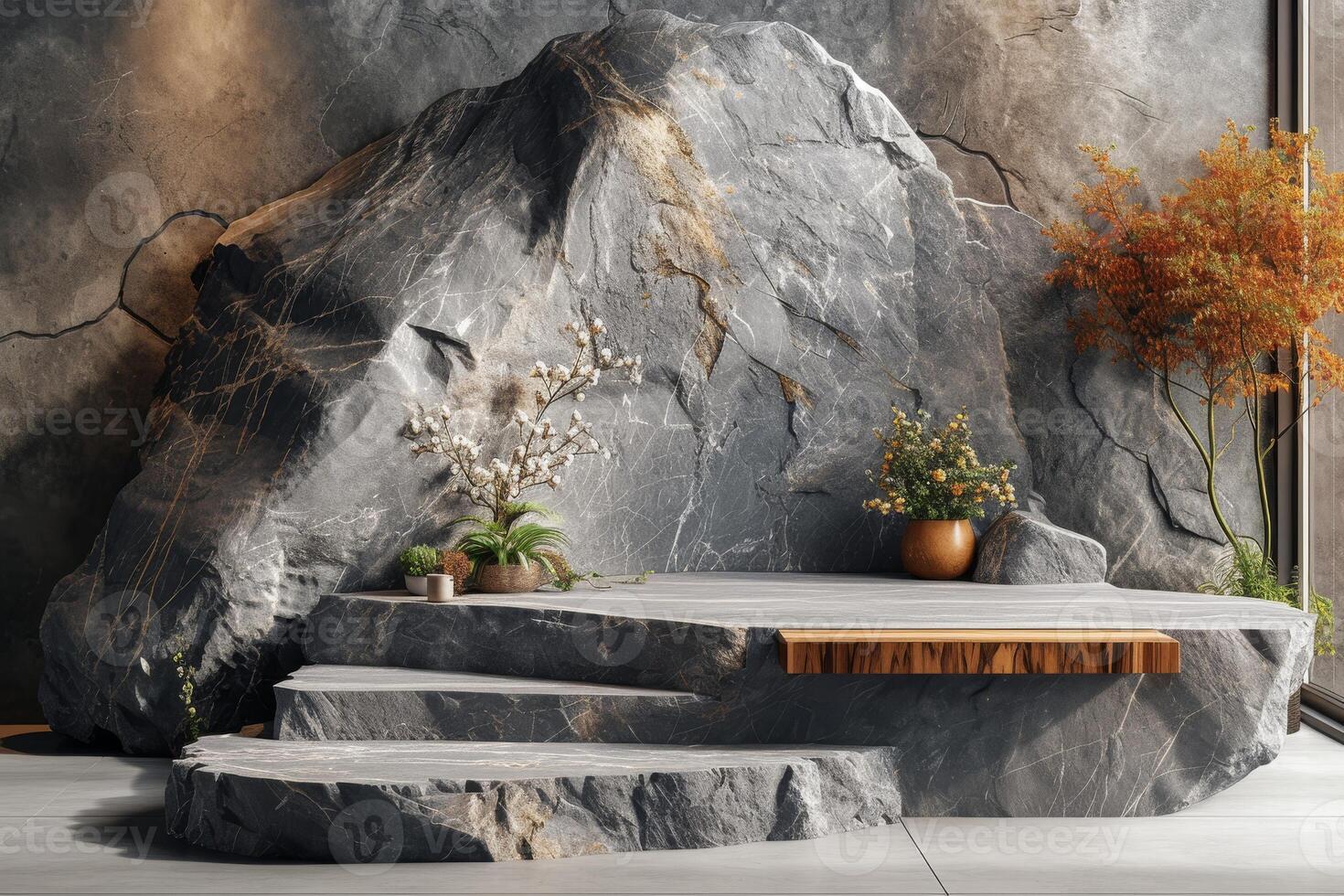 AI generated A minimalist podium featuring textured rock surfaces photo