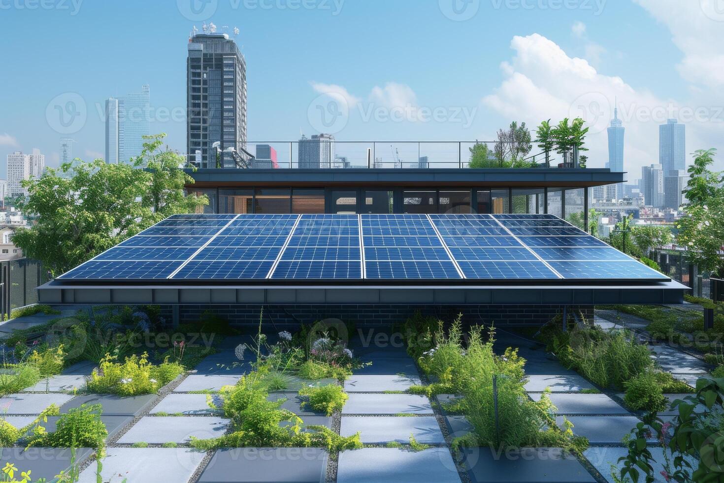 ai generado un funciona con energía solar urbano residencia ese mezclas moderno diseño foto