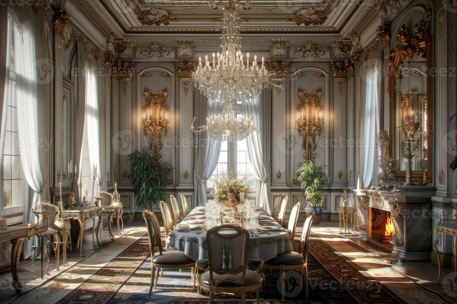 AI generated A French-inspired formal dining room with ornate moldings, crystal chandeliers photo