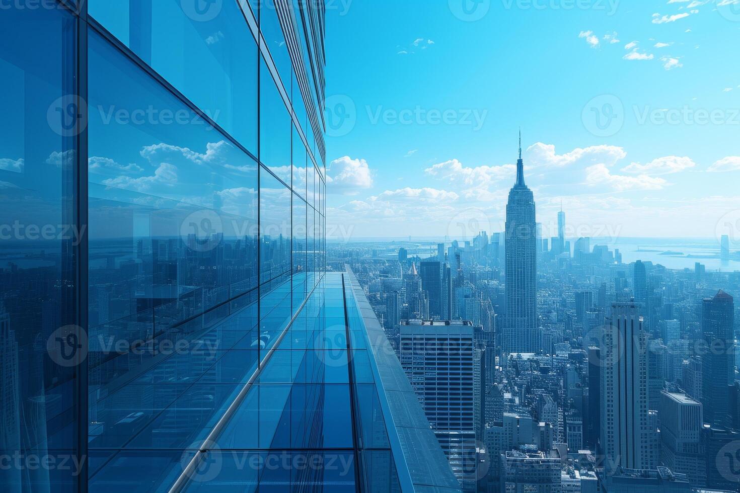 AI generated Atop a neighboring skyscraper, visitors enjoy a panoramic view of the city skyline with the blue glass office tower as its centerpiece photo