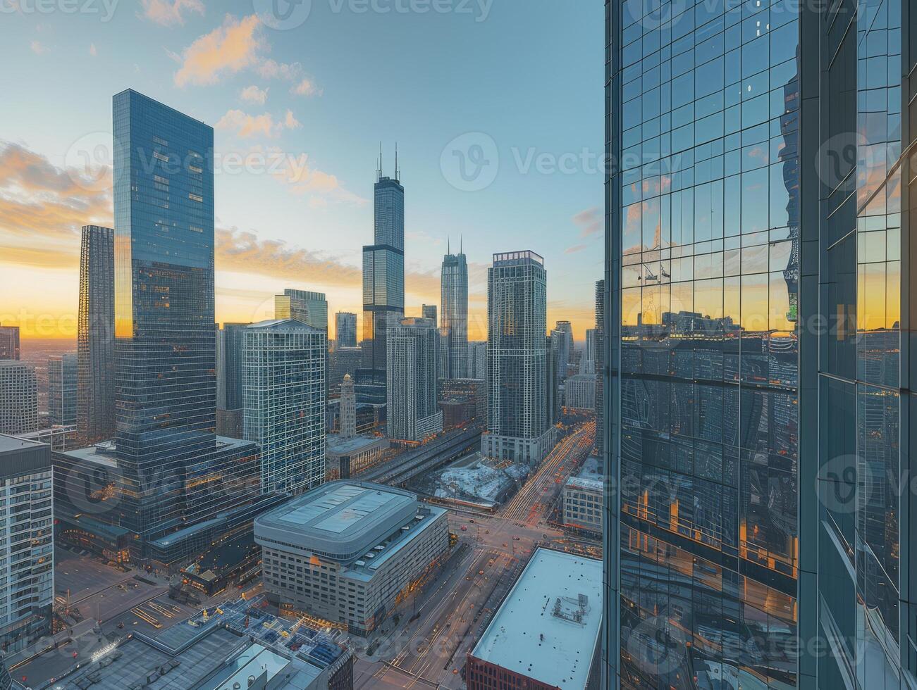 AI generated A bustling city skyline, with towering skyscrapers, busy streets photo