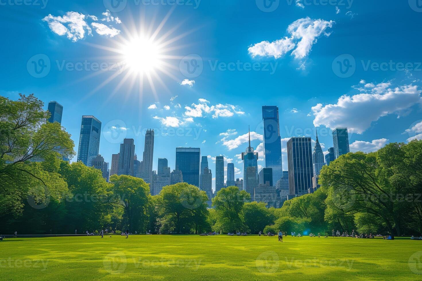 ai generado un ciudad horizonte enmarcado por el vastedad de un claro, azul cielo foto